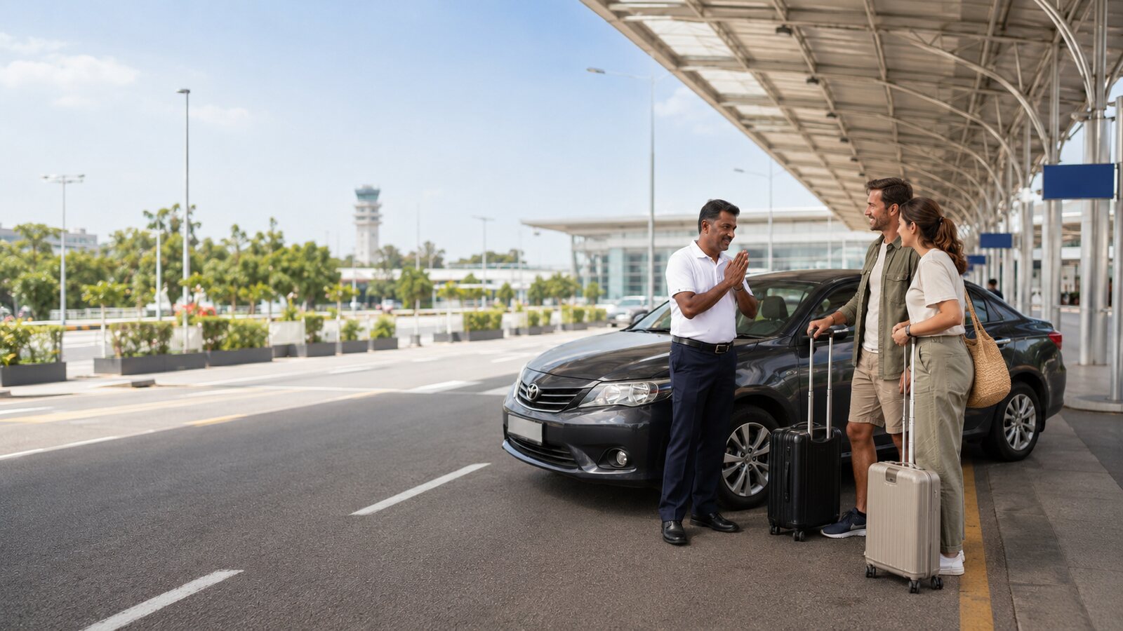 Private driver greeting travellers with luggage outside Colombo Airport beside a sedan for a Sigiriya transfer