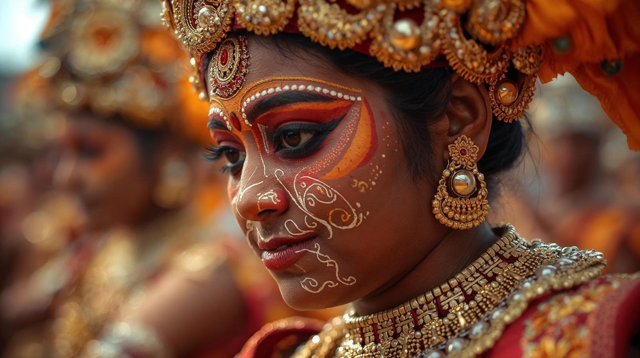 Sri Lankan festival performer in ornate traditional costume and face paint