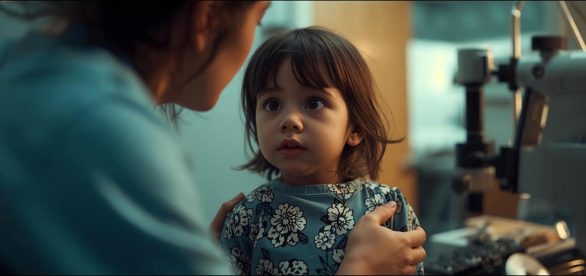 Young child with a parent in a medical setting, suggesting pre-travel vaccination planning