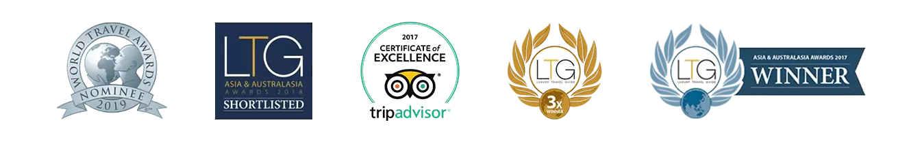 Travel award nominations, Luxury Travel Guide recognition, TripAdvisor, and Asia & Australasia winner badge